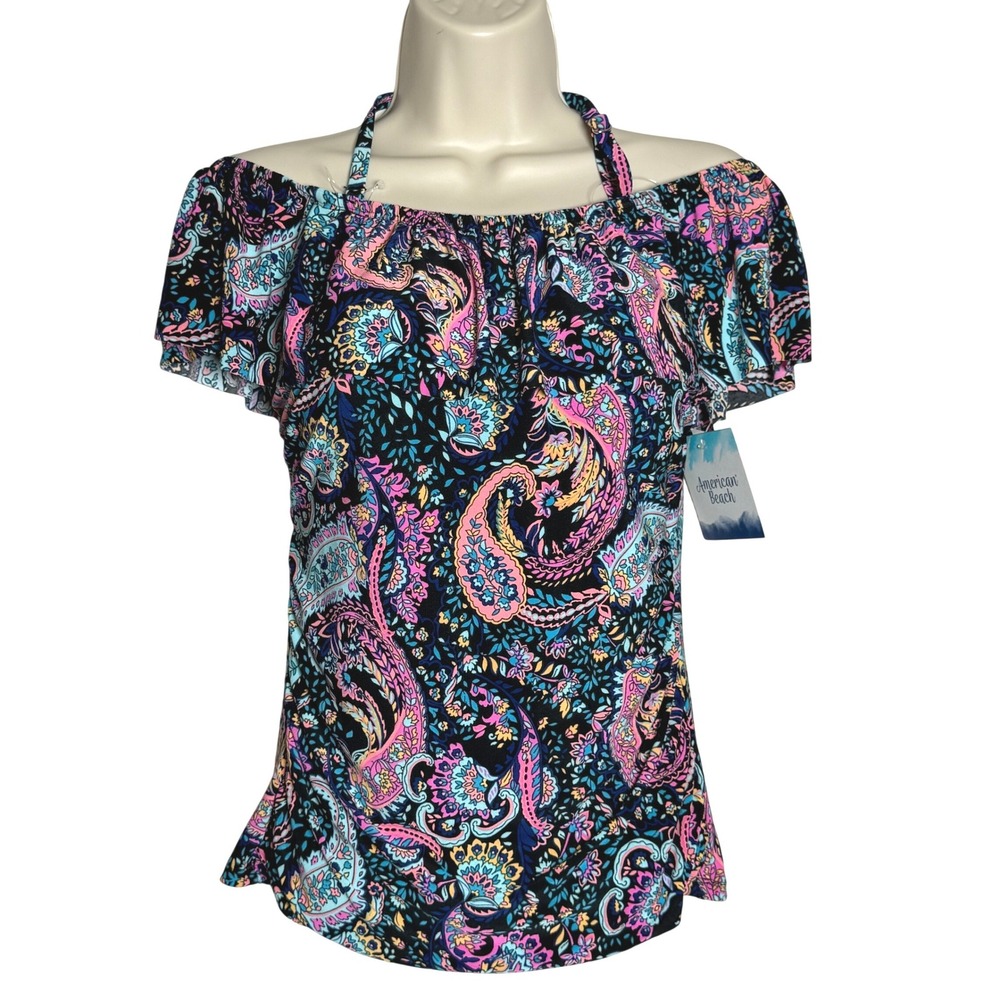 American Beach‎ Womens Tankini 10 Blue Pink Paisley Lined Ruffle Swim Beach